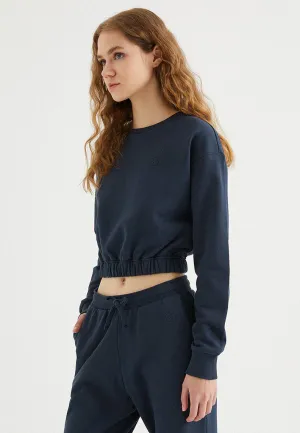 Lacivert Bisiklet Yaka Pamuklu Regular Fit Kadın Crop Sweatshirt ENJOY ELASTICATED HEM