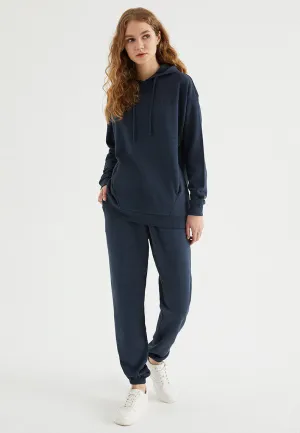 Lacivert Pamuklu Oversize Fit Kadın Kapüşonlu Sweatshirt ENJOY OVERSIZE HOODIE w/POCKET