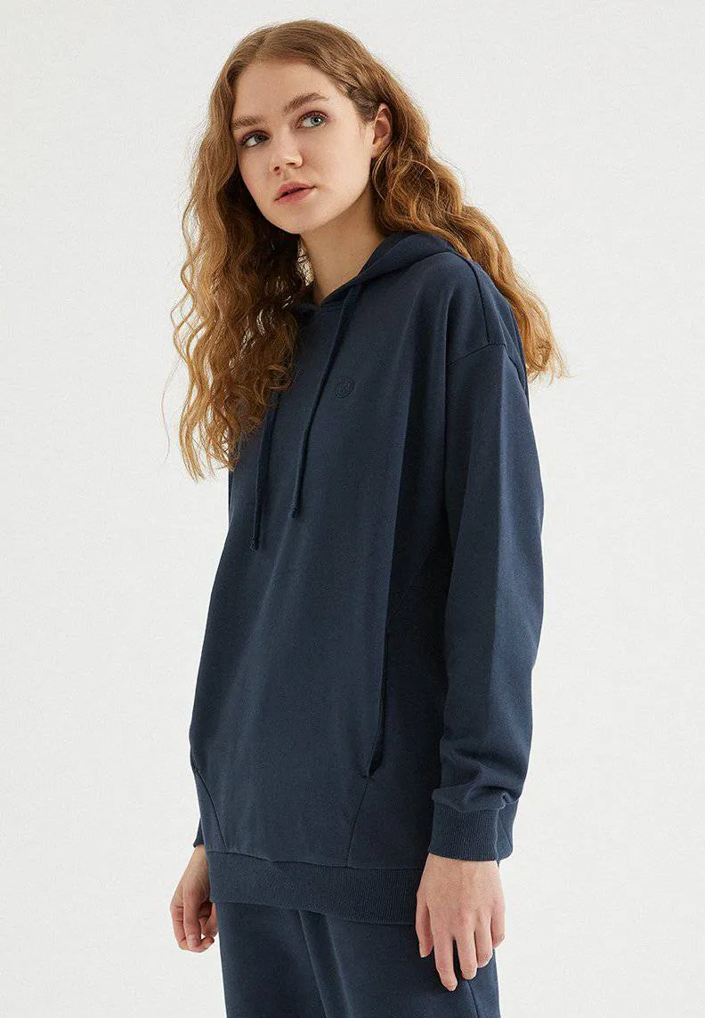 Lacivert Pamuklu Oversize Fit Kadın Kapüşonlu Sweatshirt ENJOY OVERSIZE HOODIE w/POCKET