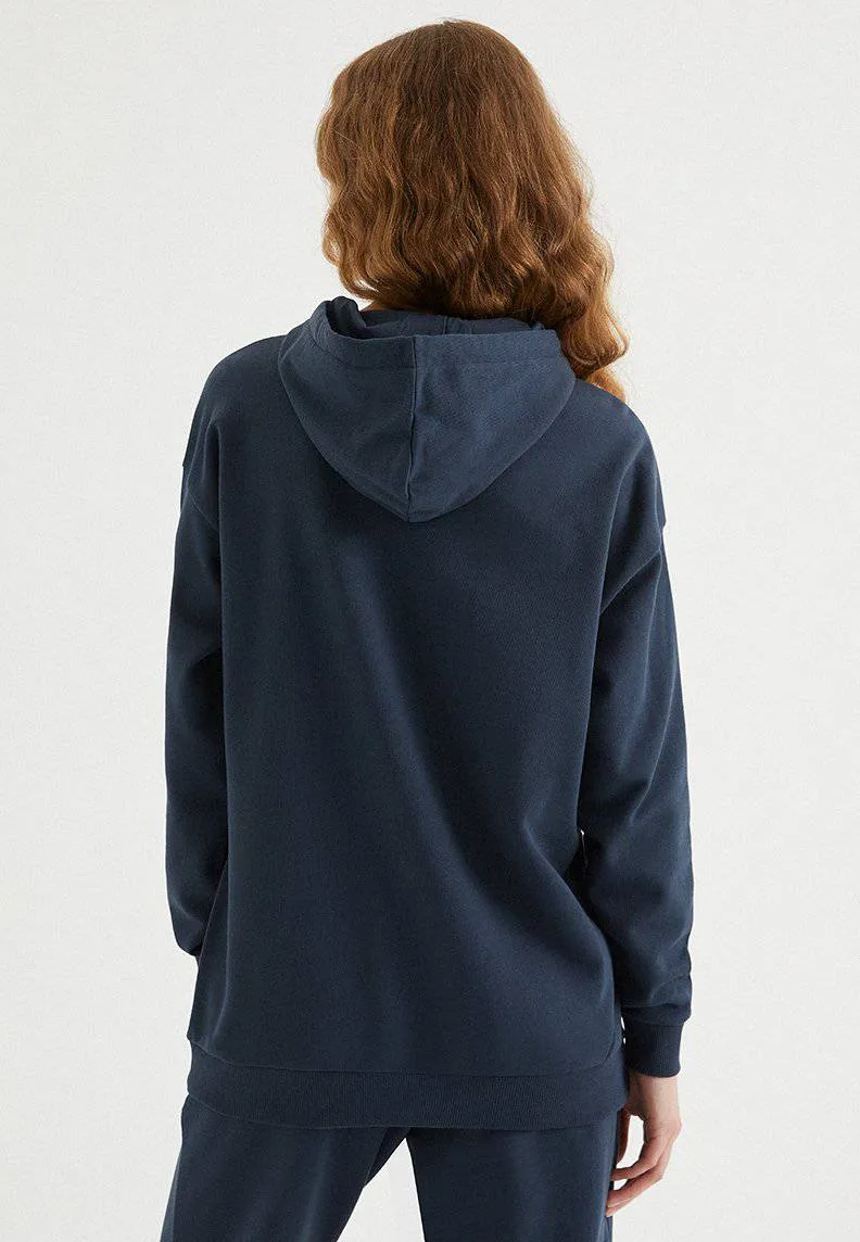 Lacivert Pamuklu Oversize Fit Kadın Kapüşonlu Sweatshirt ENJOY OVERSIZE HOODIE w/POCKET