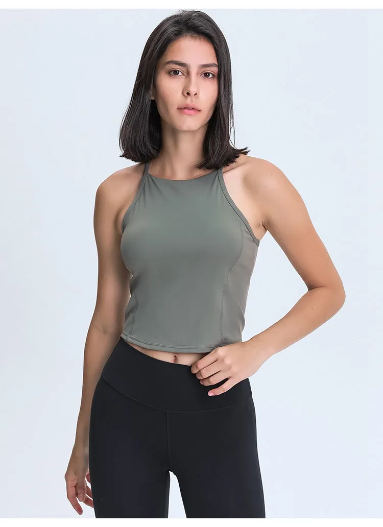 Ladies Narrow Strap Pad Top Running Wear Quick Drying High Collar US Fitness Women's Gym Tank Tops