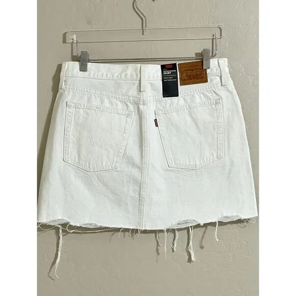 LEVI'S Mini Skirt White Denim Mini Skirt Distressed Raw Hem Cotton Sz 30 NWT $99