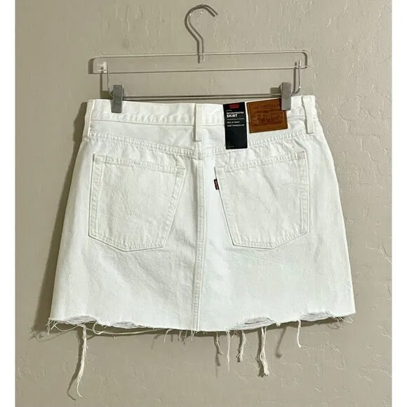 LEVI'S Mini Skirt White Denim Mini Skirt Distressed Raw Hem Cotton Sz 30 NWT $99