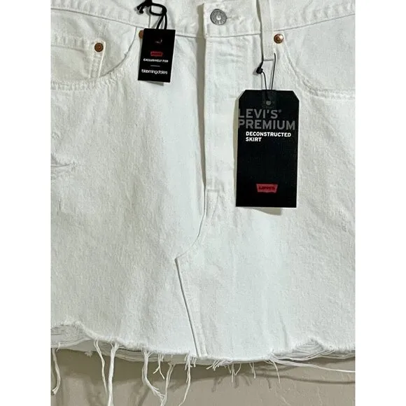 LEVI'S Mini Skirt White Denim Mini Skirt Distressed Raw Hem Cotton Sz 30 NWT $99