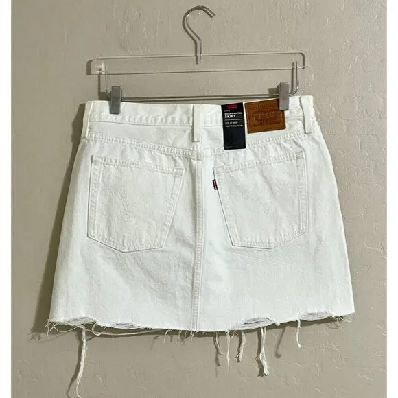 LEVI'S Mini Skirt White Denim Mini Skirt Distressed Raw Hem Cotton Sz 30 NWT $99