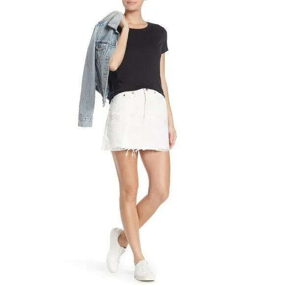 LEVI'S Mini Skirt White Denim Mini Skirt Distressed Raw Hem Cotton Sz 30 NWT $99