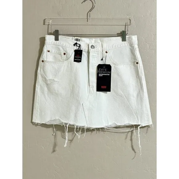 LEVI'S Mini Skirt White Denim Mini Skirt Distressed Raw Hem Cotton Sz 30 NWT $99