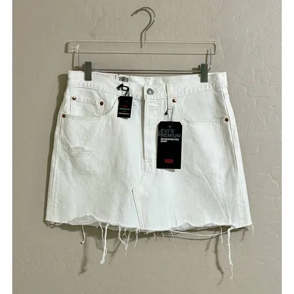 LEVI'S Mini Skirt White Denim Mini Skirt Distressed Raw Hem Cotton Sz 30 NWT $99
