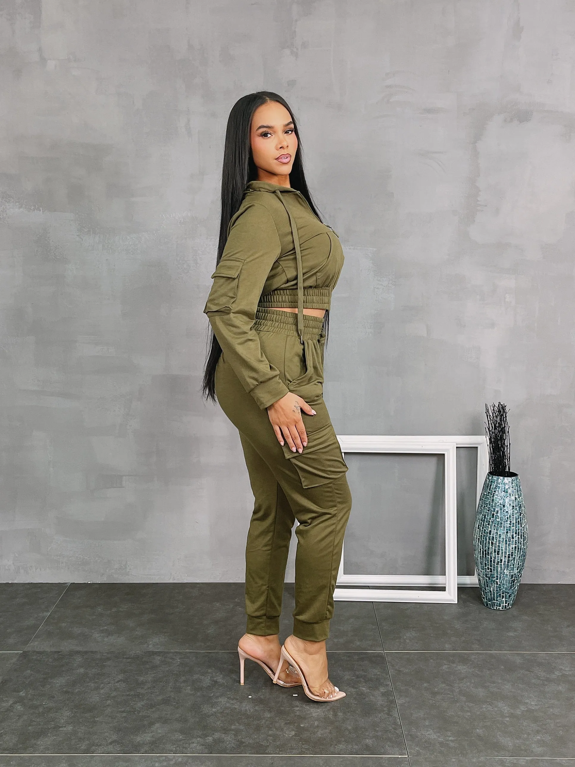LF18420P- F.TERRY CROP JACKET & CARGO JOGGER SET