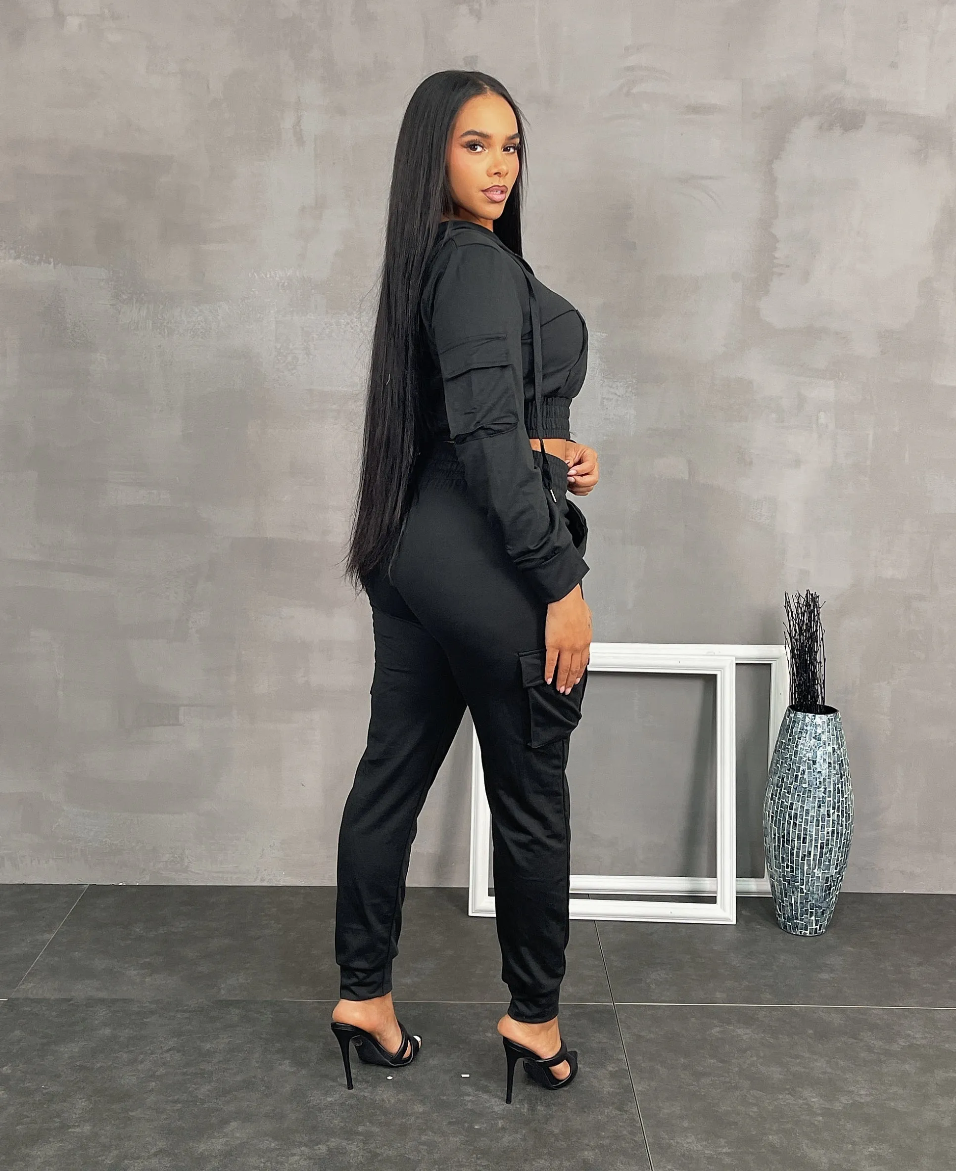 LF18420P- F.TERRY CROP JACKET & CARGO JOGGER SET