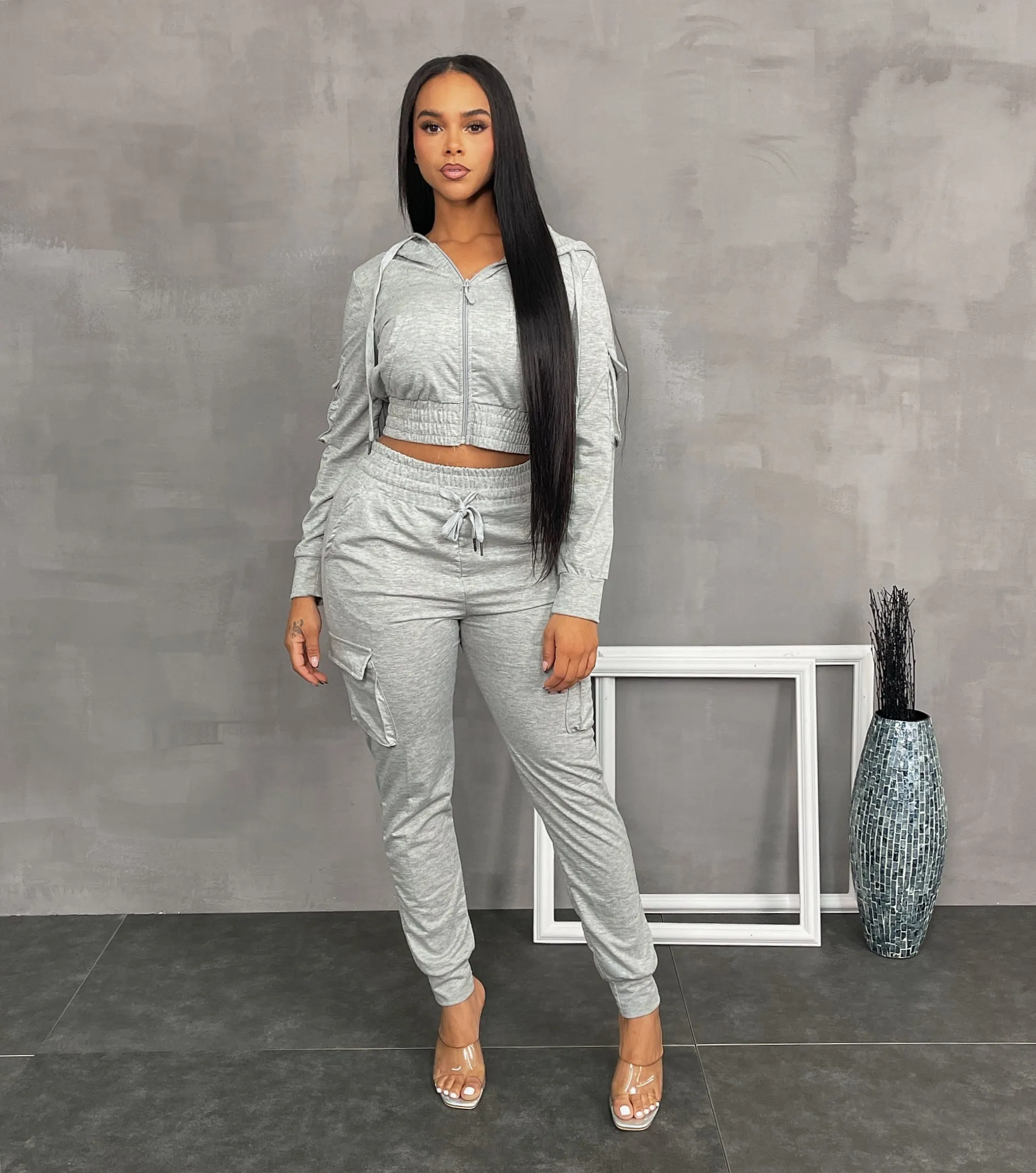 LF18420P- F.TERRY CROP JACKET & CARGO JOGGER SET