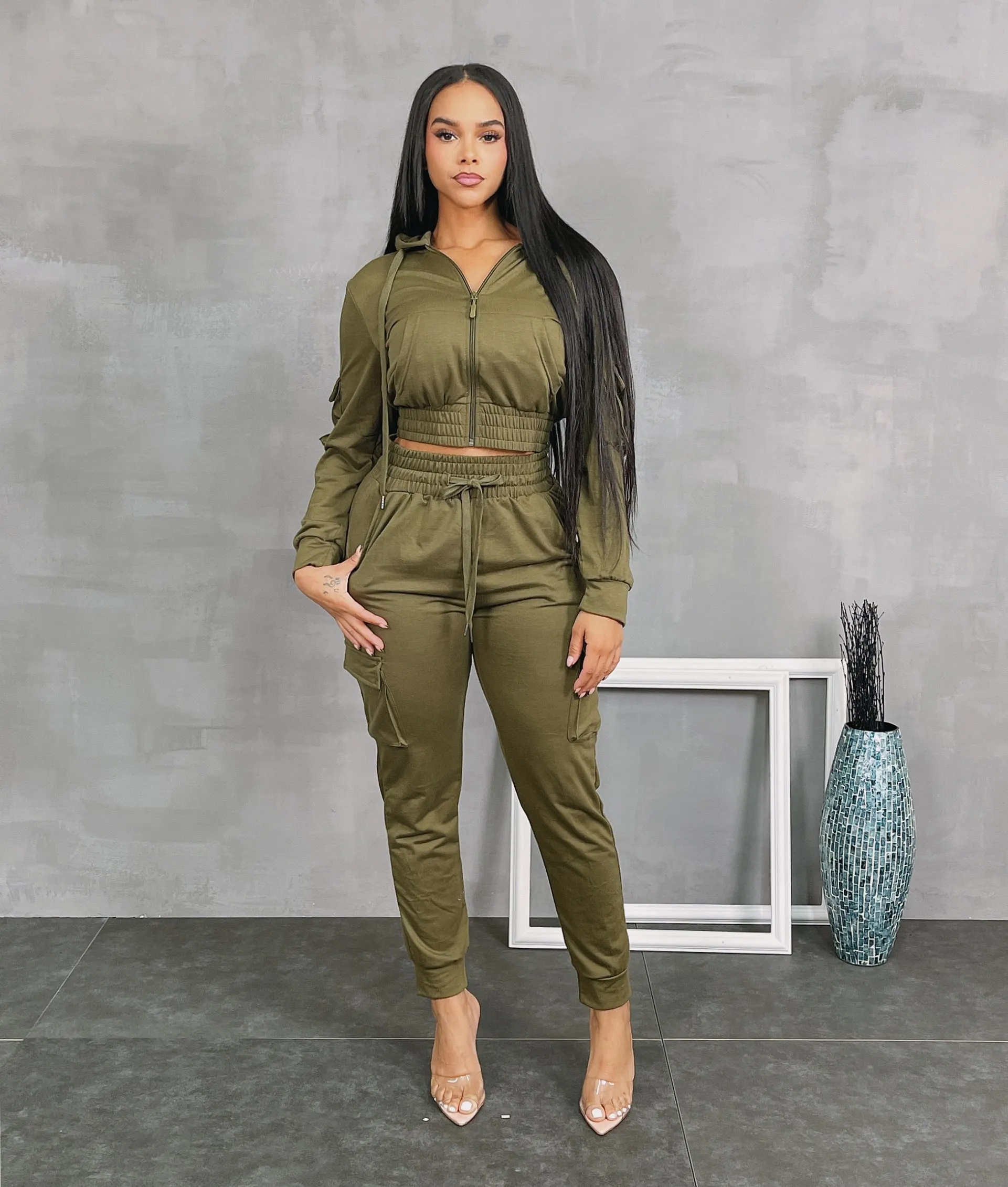 LF18420P- F.TERRY CROP JACKET & CARGO JOGGER SET