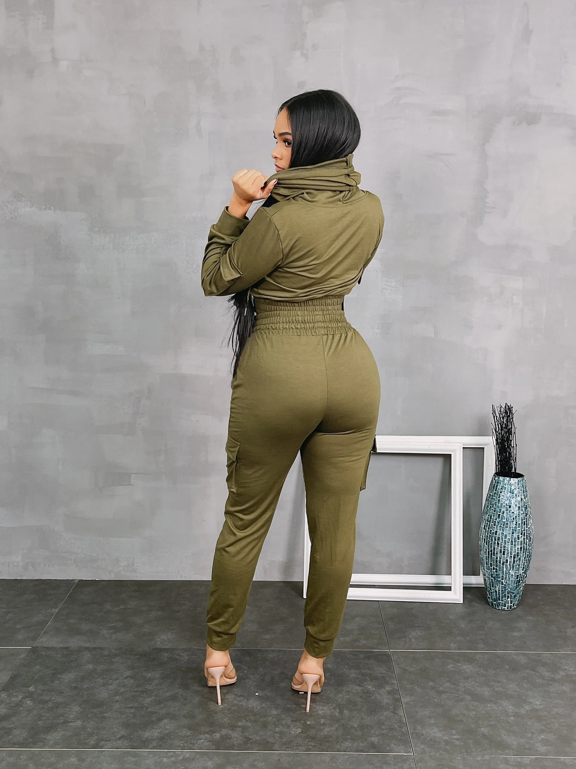 LF18420P- F.TERRY CROP JACKET & CARGO JOGGER SET