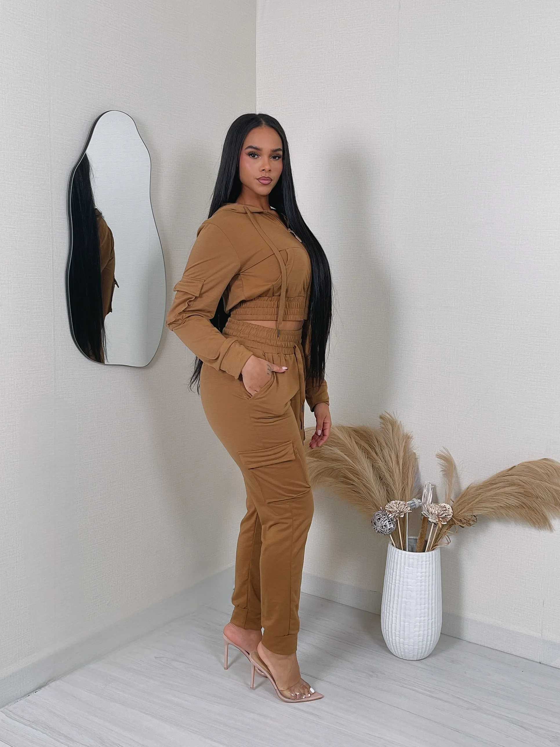 LF18420P- F.TERRY CROP JACKET & CARGO JOGGER SET