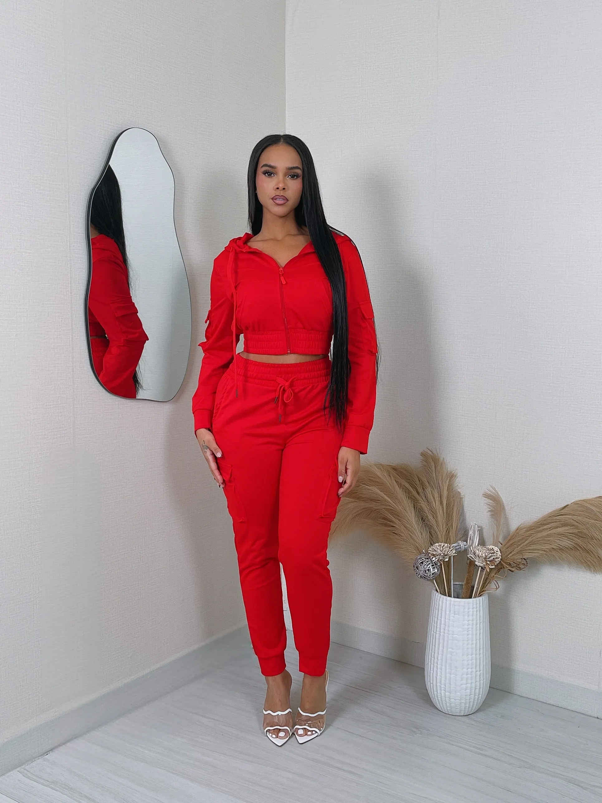 LF18420P- F.TERRY CROP JACKET & CARGO JOGGER SET