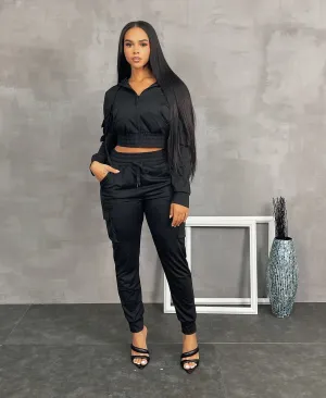 LF18420P- F.TERRY CROP JACKET & CARGO JOGGER SET