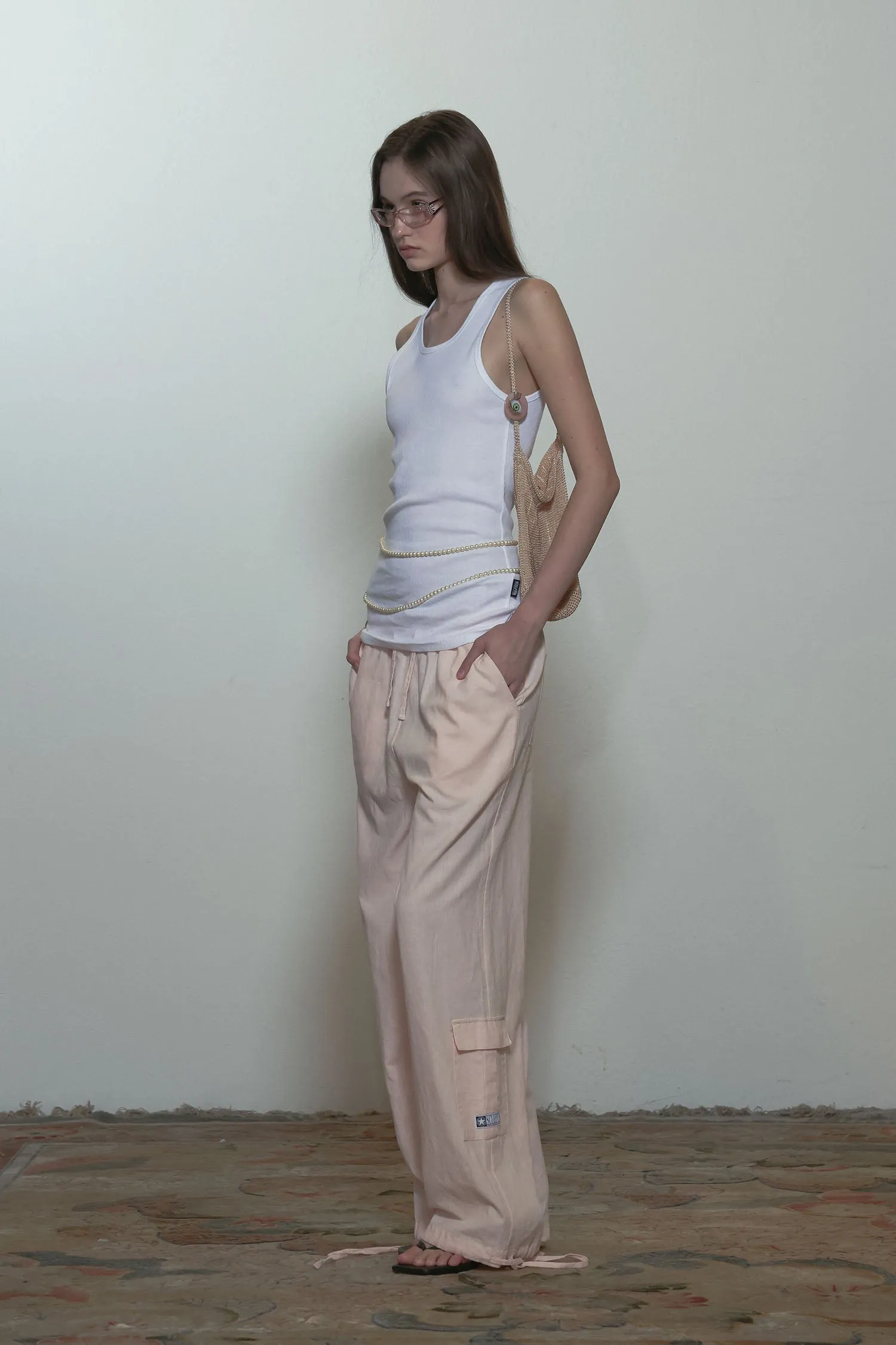 Linen Cargo Jogger Pants Pink