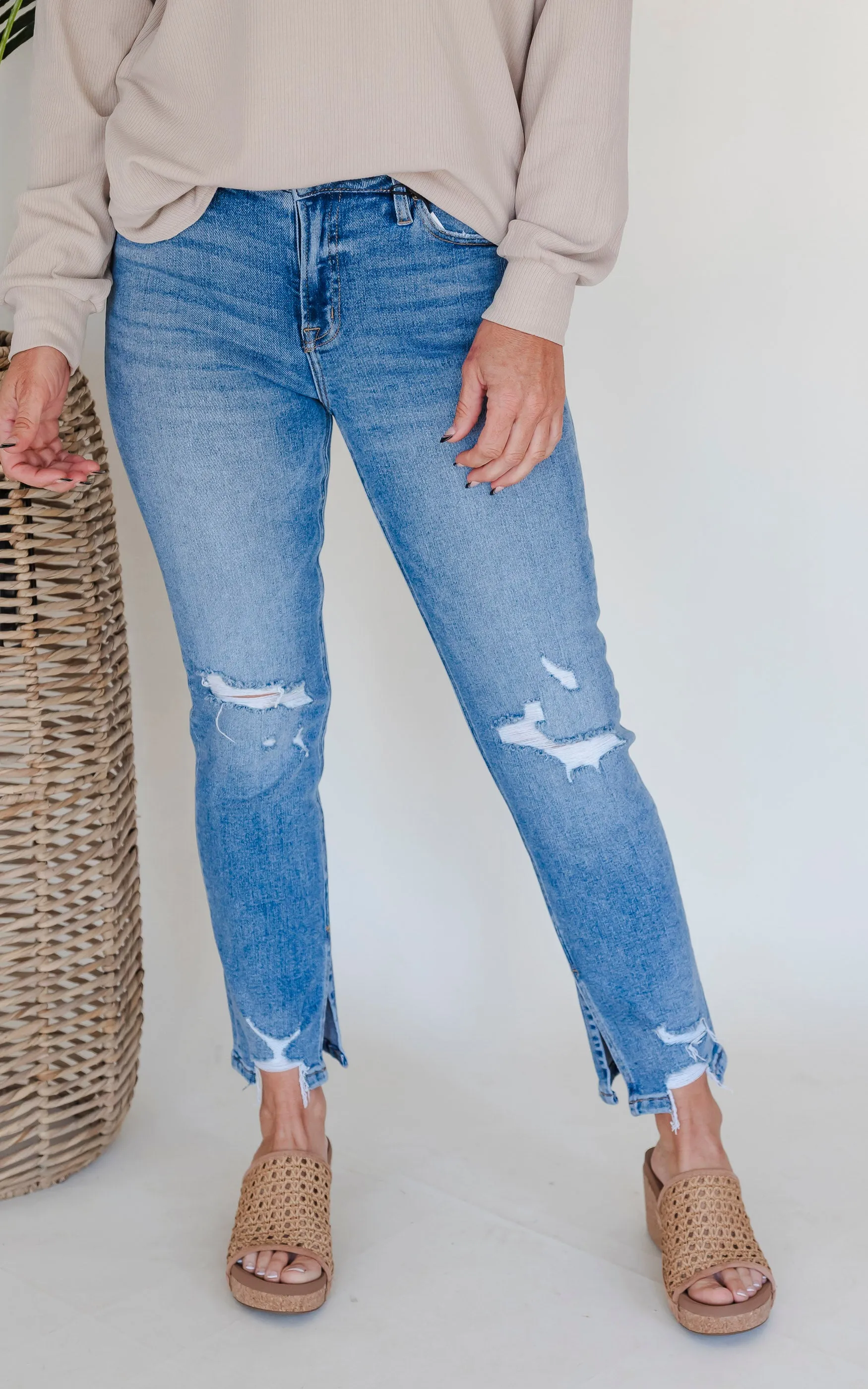 MICA | High Rise Ankle Straight w/ Side Slit Denim Jeans**