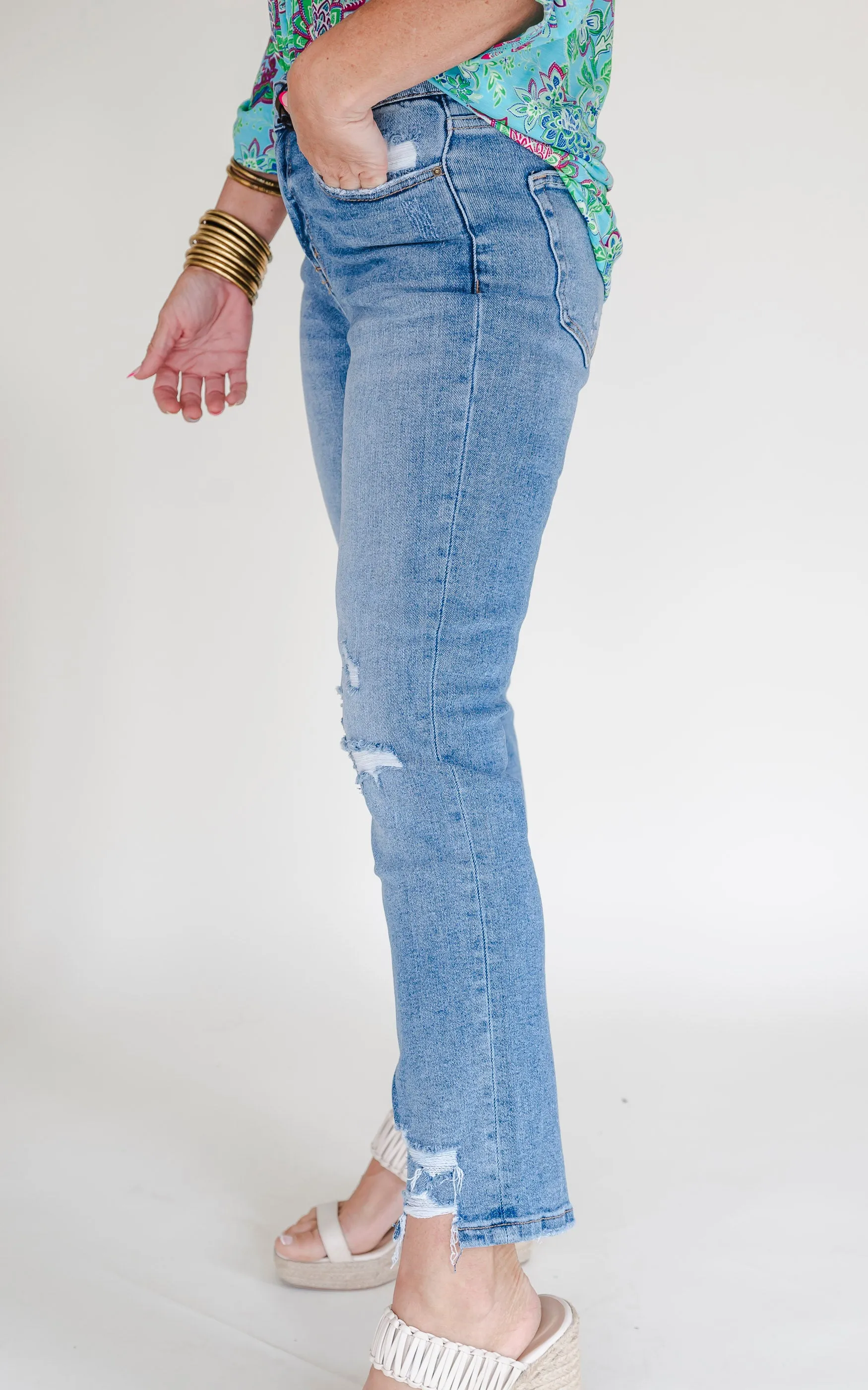 MICA | High Rise Ankle Straight w/ Side Slit Denim Jeans**