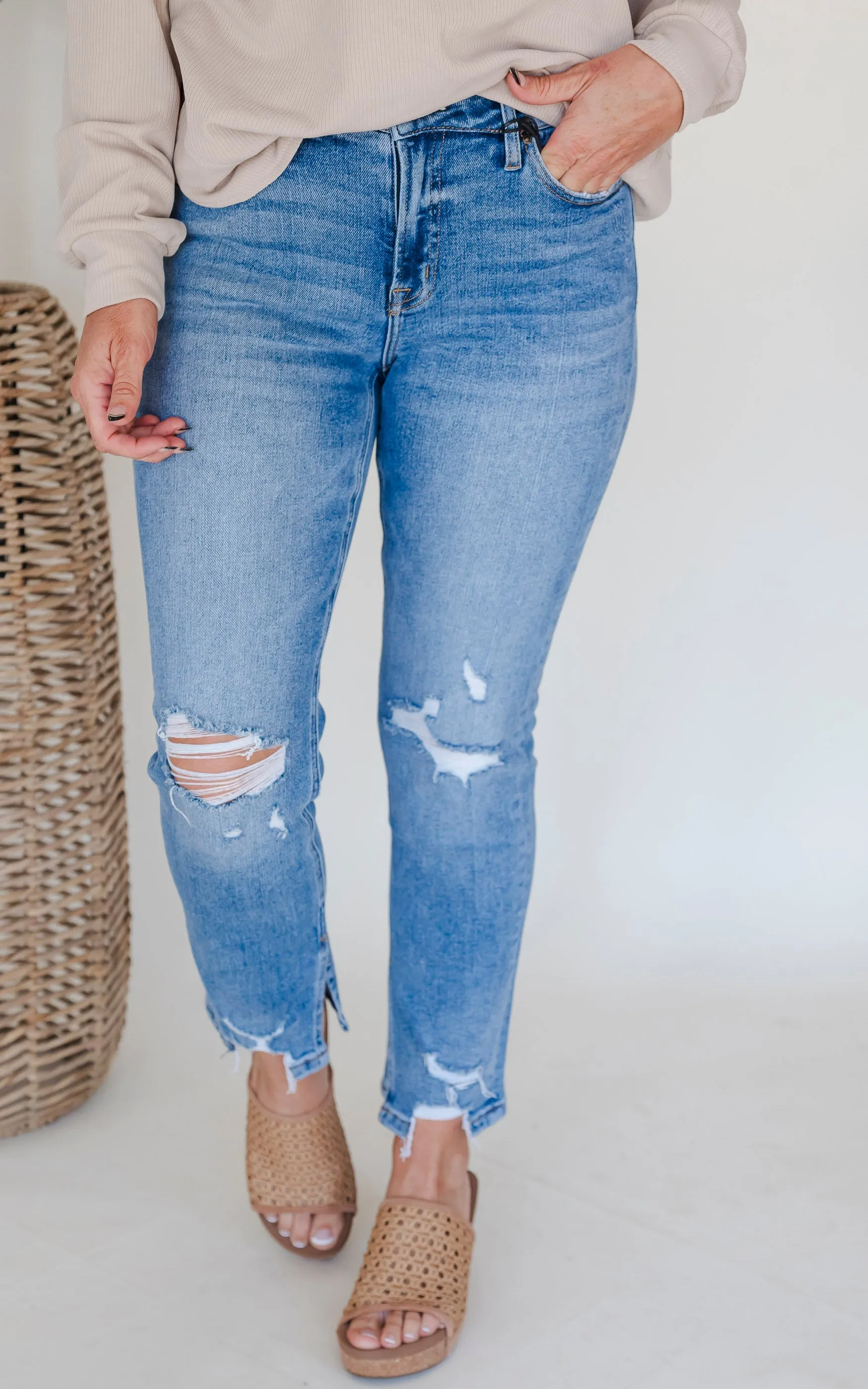 MICA | High Rise Ankle Straight w/ Side Slit Denim Jeans**
