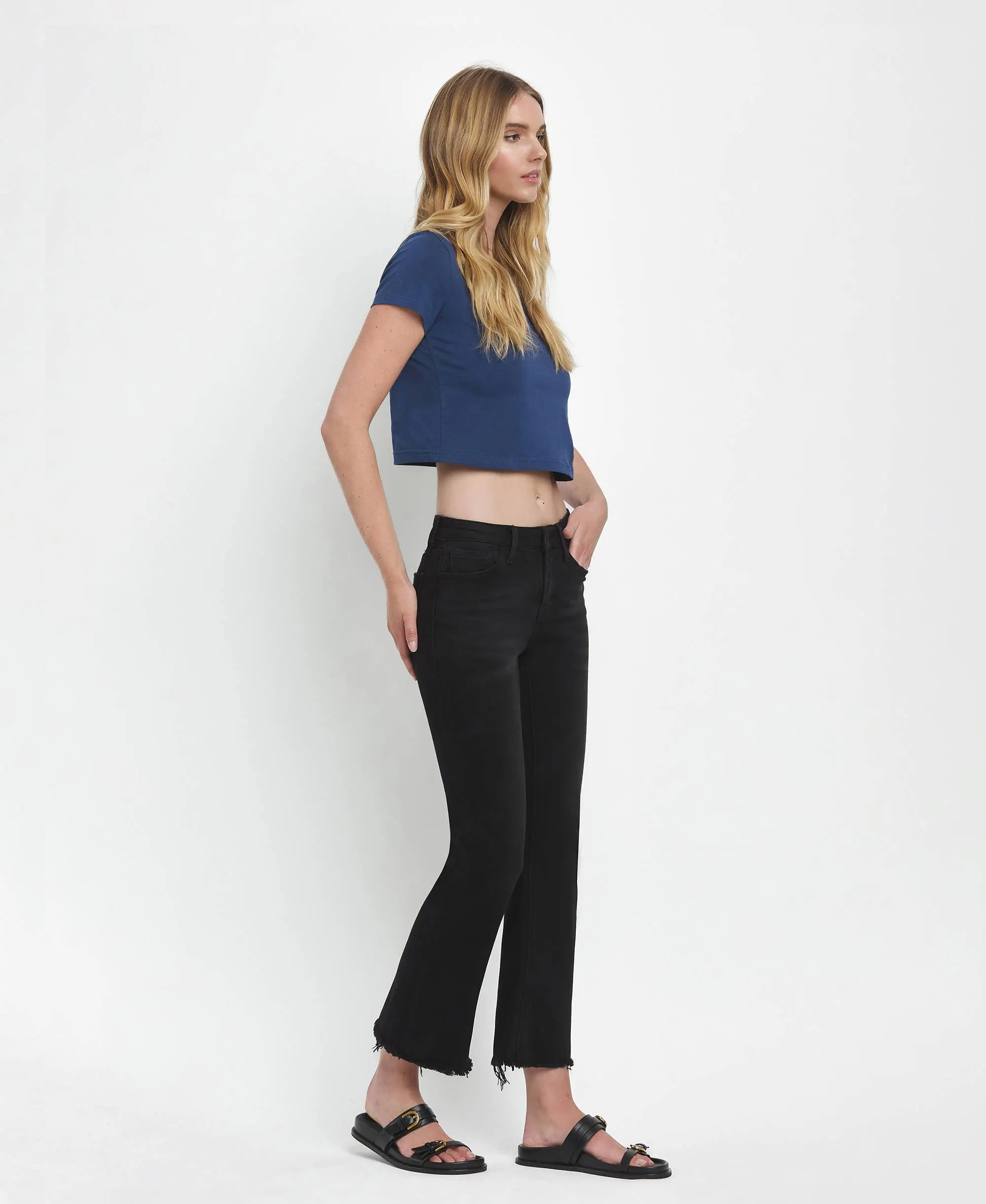 Mid Rise Raw Distressed Hem Crop Flare Jeans
