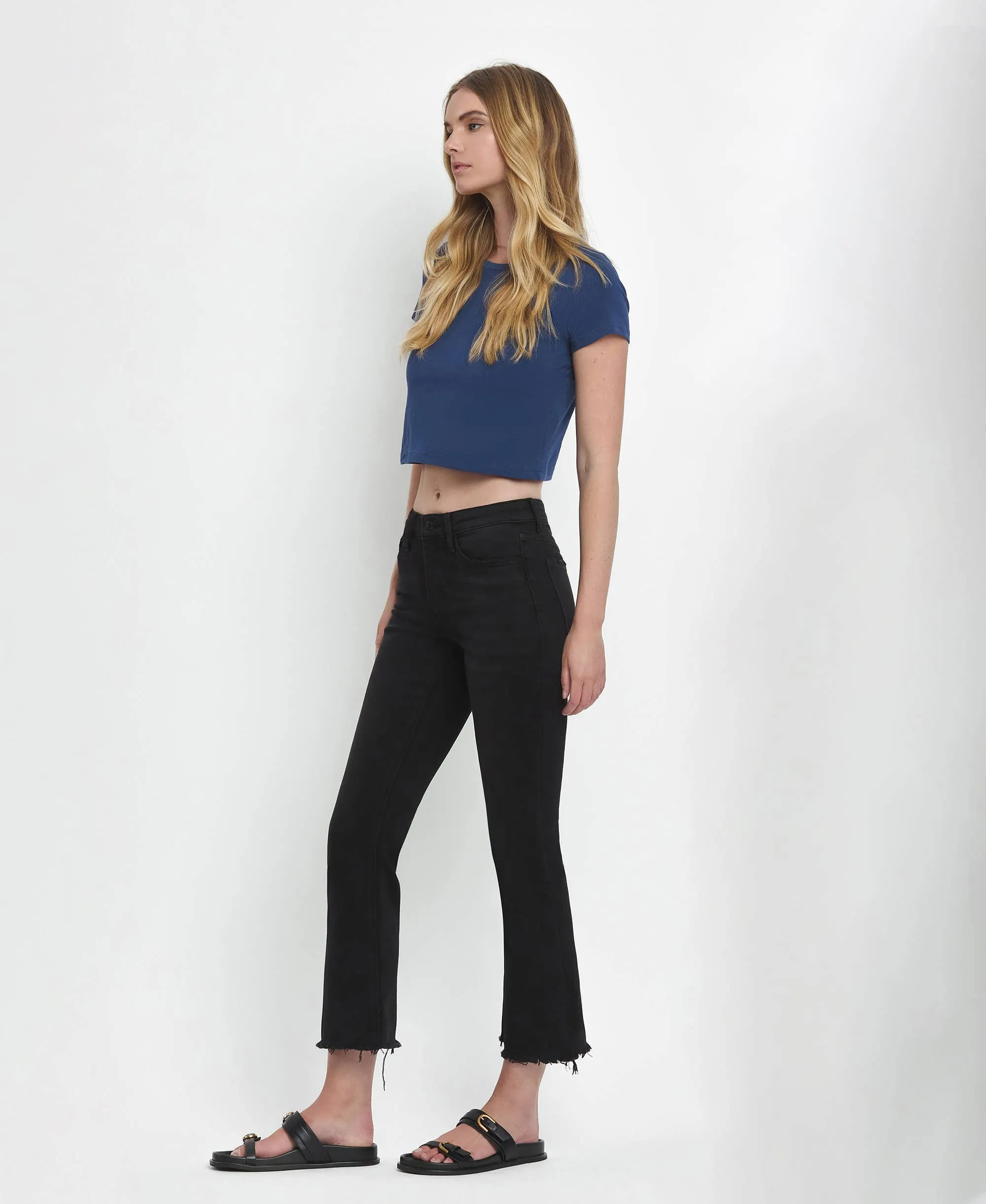 Mid Rise Raw Distressed Hem Crop Flare Jeans