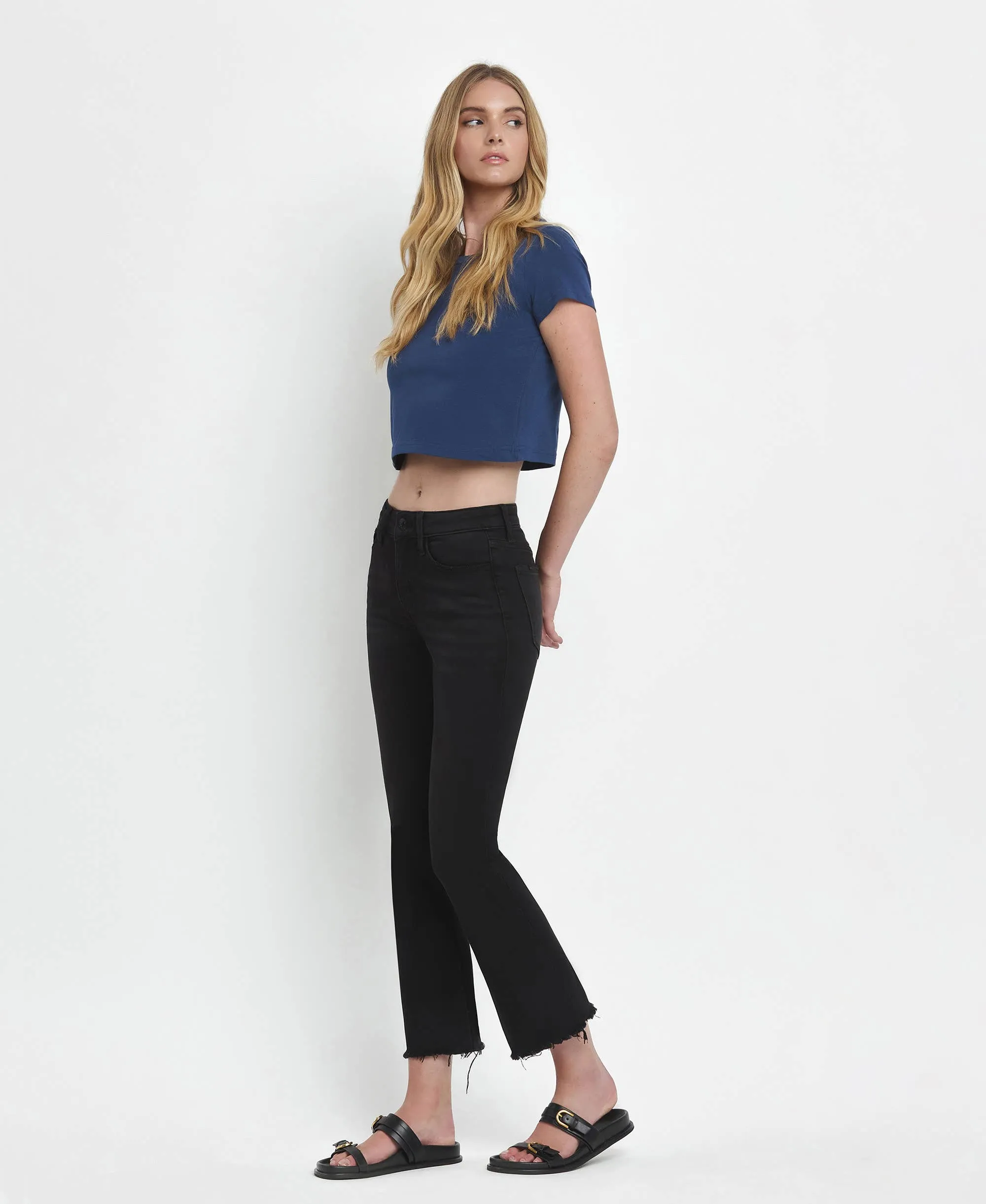 Mid Rise Raw Distressed Hem Crop Flare Jeans