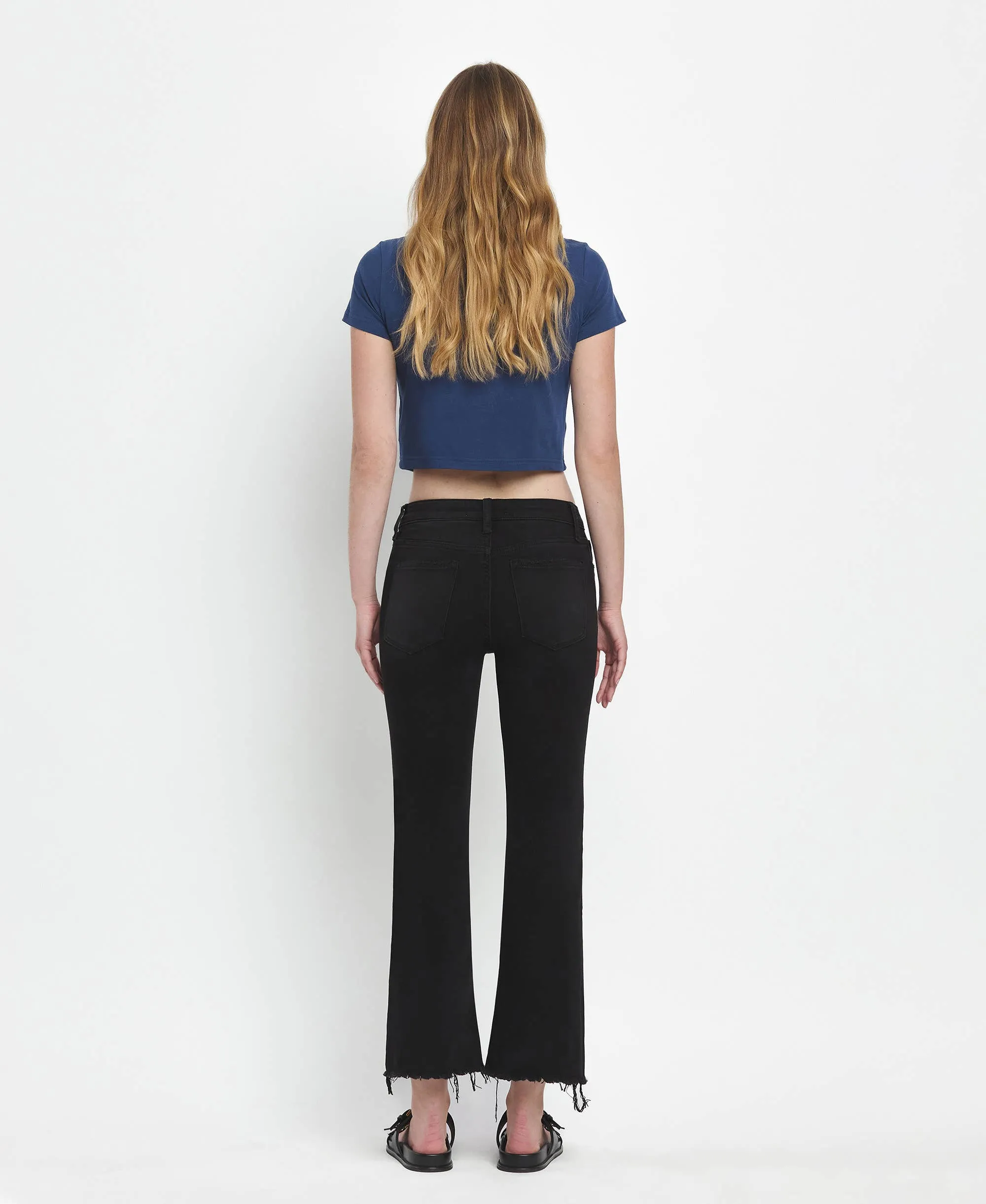 Mid Rise Raw Distressed Hem Crop Flare Jeans