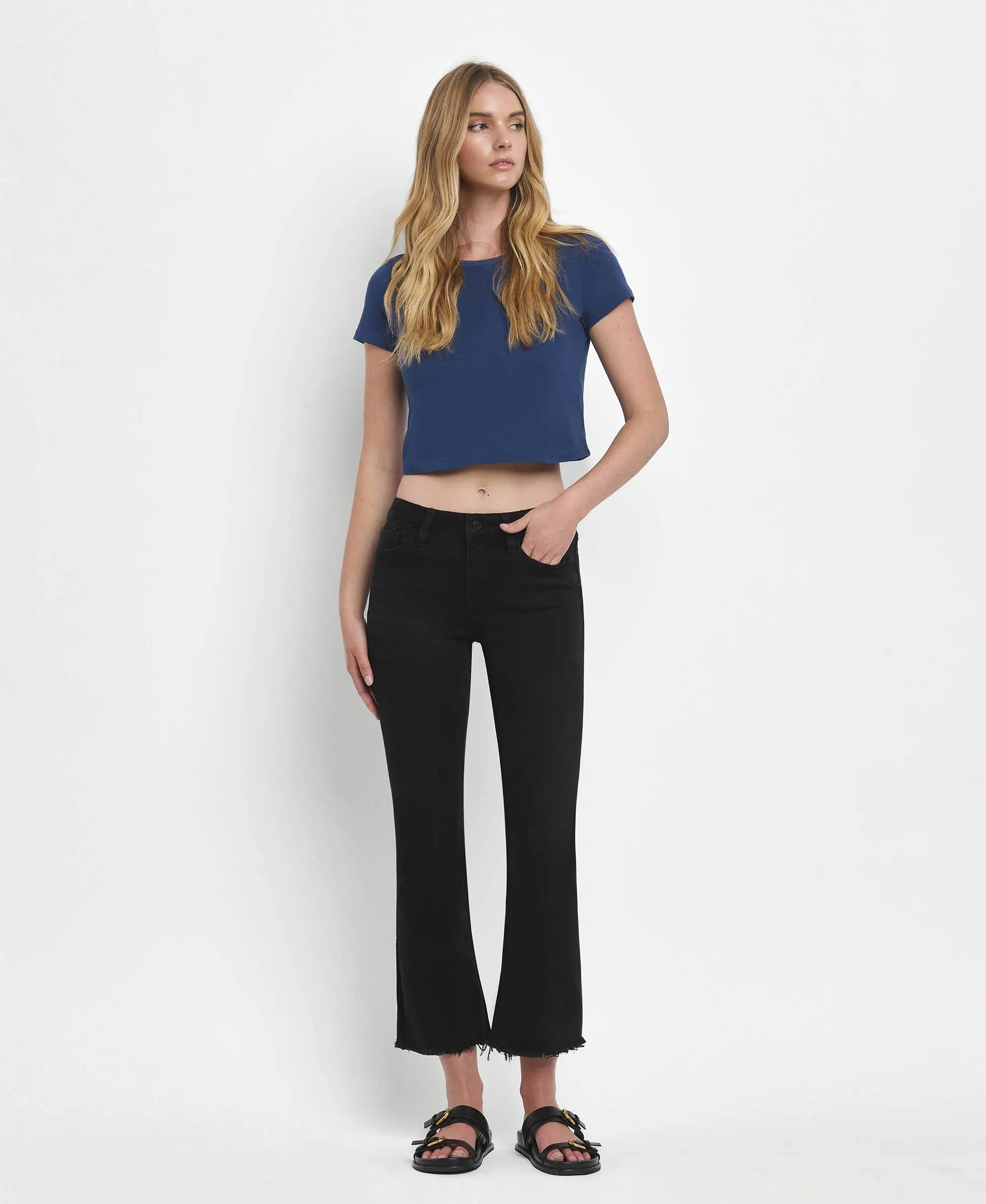 Mid Rise Raw Distressed Hem Crop Flare Jeans