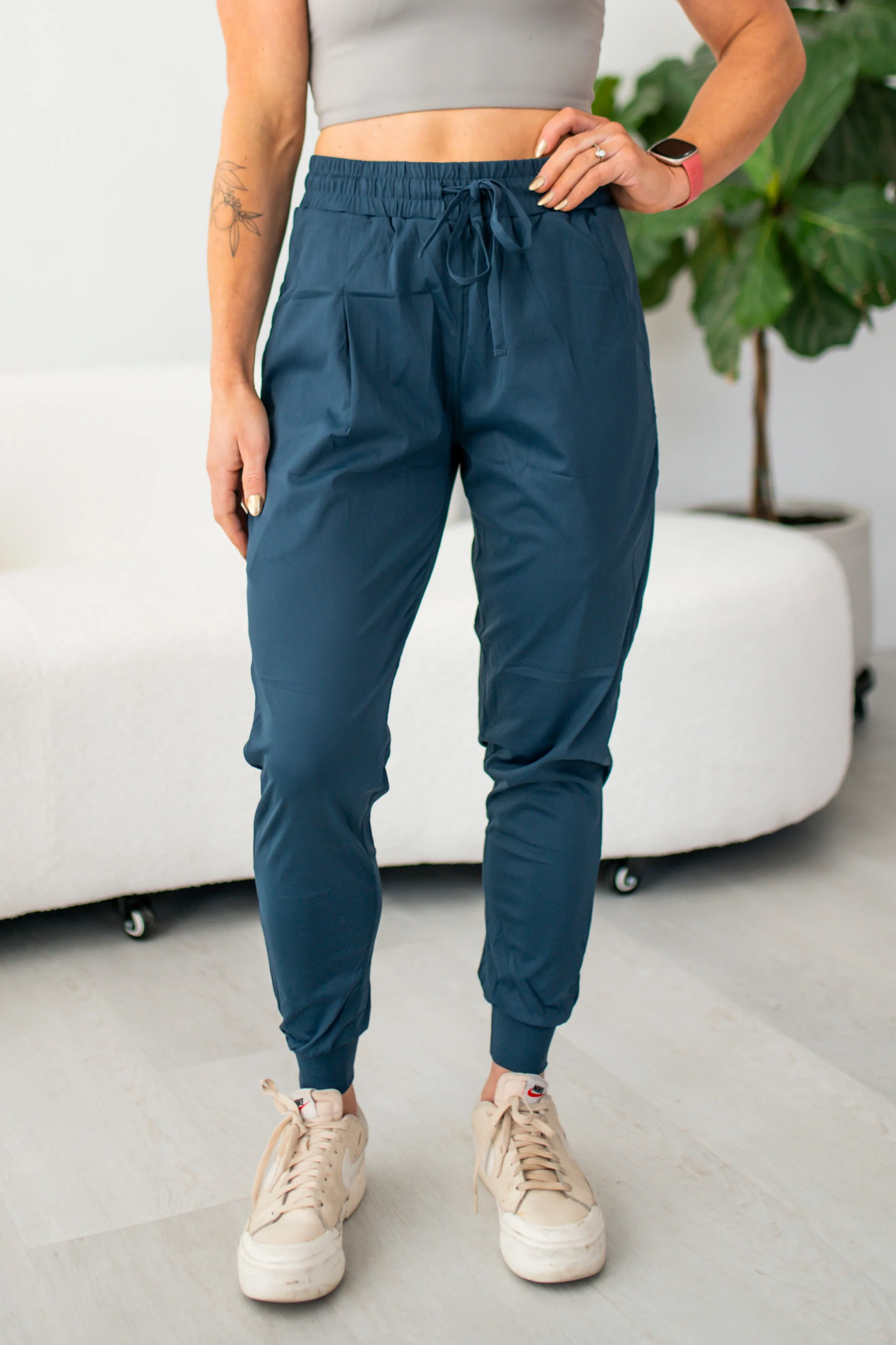 Midnight Navy Solid Pleated Front Joggers