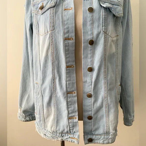 MONO B Oversized Denim Jean Jacket Distressed Cotton Women’s Size M