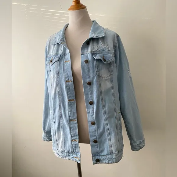 MONO B Oversized Denim Jean Jacket Distressed Cotton Women’s Size M