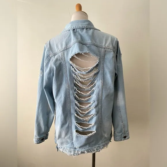MONO B Oversized Denim Jean Jacket Distressed Cotton Women’s Size M
