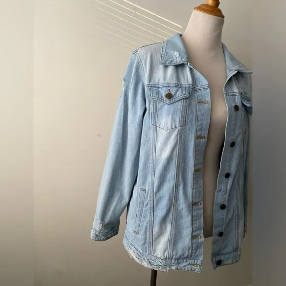 MONO B Oversized Denim Jean Jacket Distressed Cotton Women’s Size M