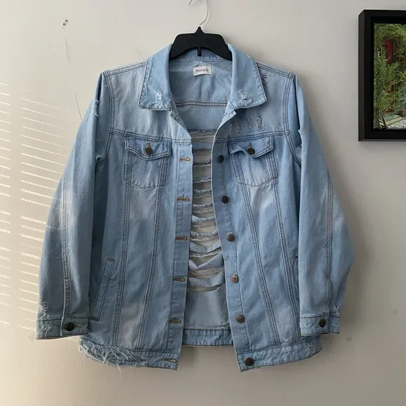 MONO B Oversized Denim Jean Jacket Distressed Cotton Women’s Size M