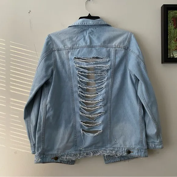 MONO B Oversized Denim Jean Jacket Distressed Cotton Women’s Size M