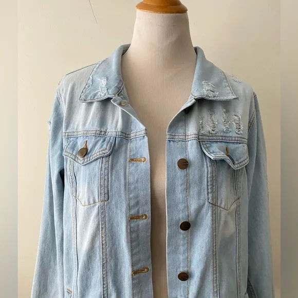 MONO B Oversized Denim Jean Jacket Distressed Cotton Women’s Size M