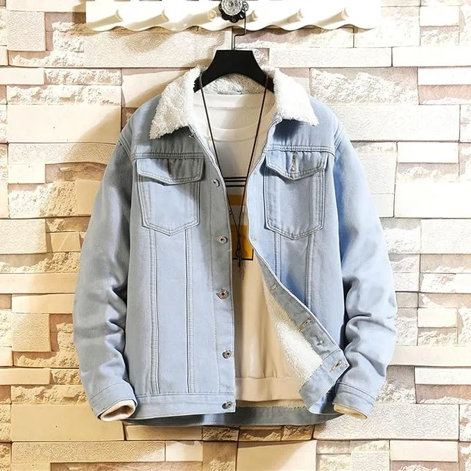 NEW Retails $60, Mens Denim Fleece Lined Jacket Thicken Warm Coats Winter Sherpa Lined Distressed Denim Jacket Windbreaker Trucker Jacket, Sz S
