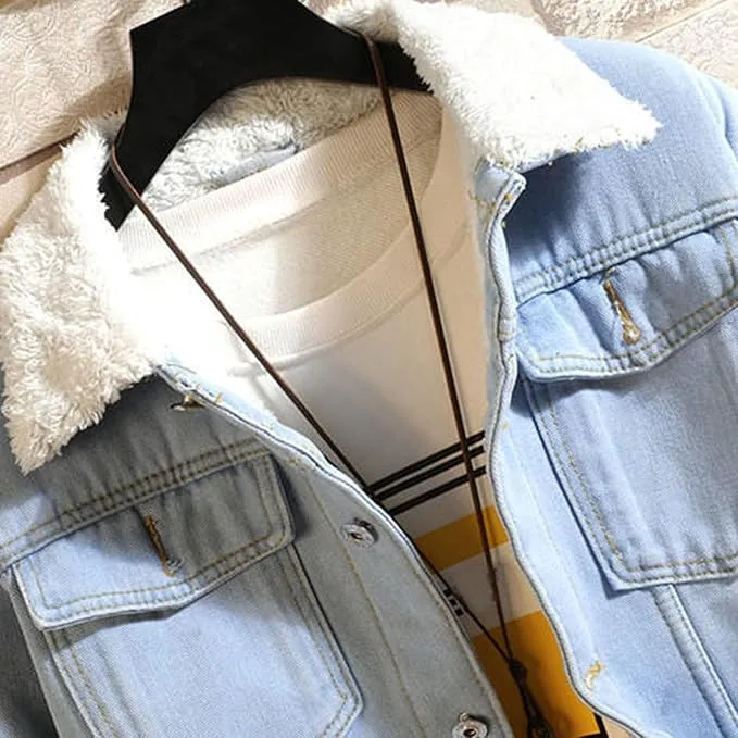NEW Retails $60, Mens Denim Fleece Lined Jacket Thicken Warm Coats Winter Sherpa Lined Distressed Denim Jacket Windbreaker Trucker Jacket, Sz S