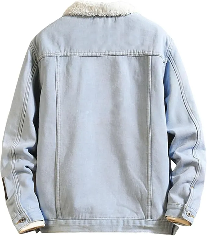 NEW Retails $60, Mens Denim Fleece Lined Jacket Thicken Warm Coats Winter Sherpa Lined Distressed Denim Jacket Windbreaker Trucker Jacket, Sz S