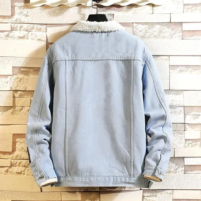 NEW Retails $60, Mens Denim Fleece Lined Jacket Thicken Warm Coats Winter Sherpa Lined Distressed Denim Jacket Windbreaker Trucker Jacket, Sz S