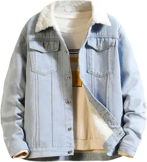 NEW Retails $60, Mens Denim Fleece Lined Jacket Thicken Warm Coats Winter Sherpa Lined Distressed Denim Jacket Windbreaker Trucker Jacket, Sz S