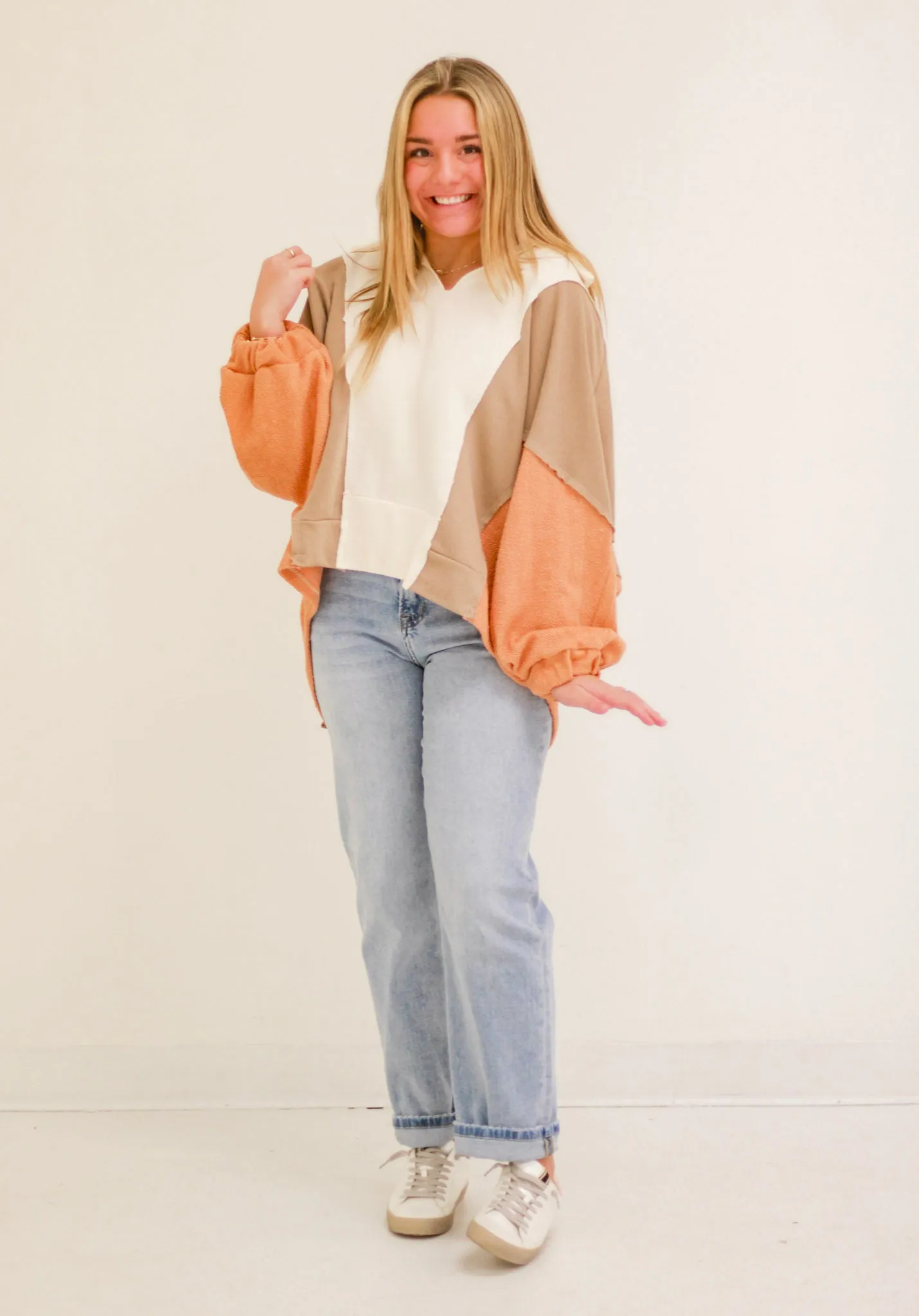 No Mixed Feelings French Terry Oversized Pullover in Camel Mix