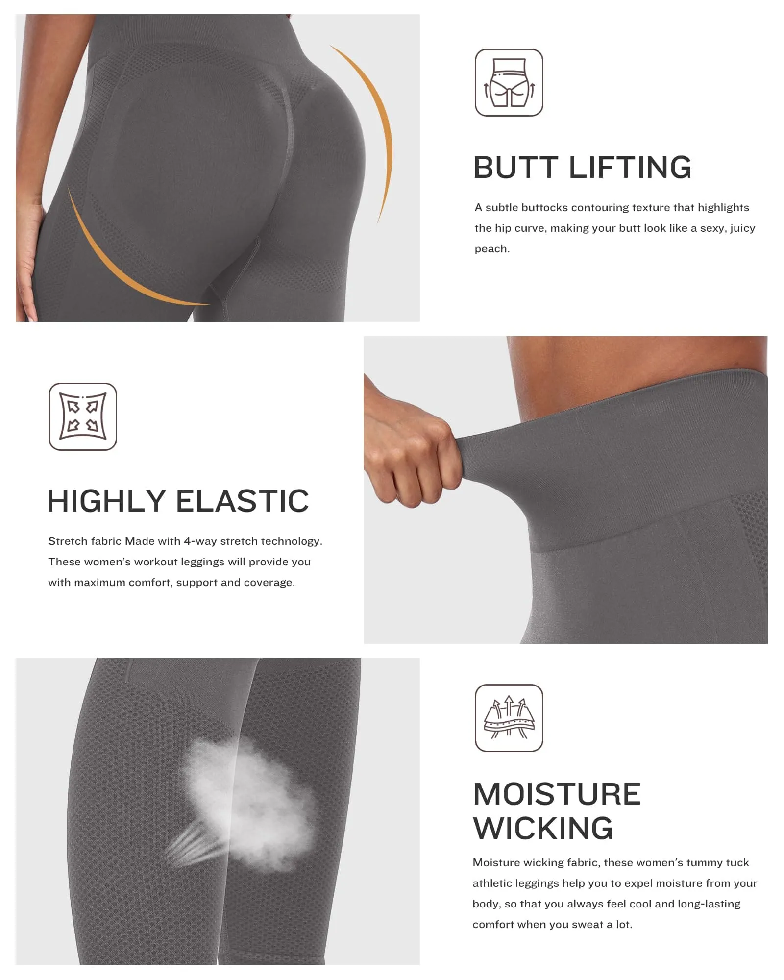 NORMOV Seamless Workout Butt Lifting Leggings - Booty Scrunch Gym Leggings for Women(Dark Grey,S)