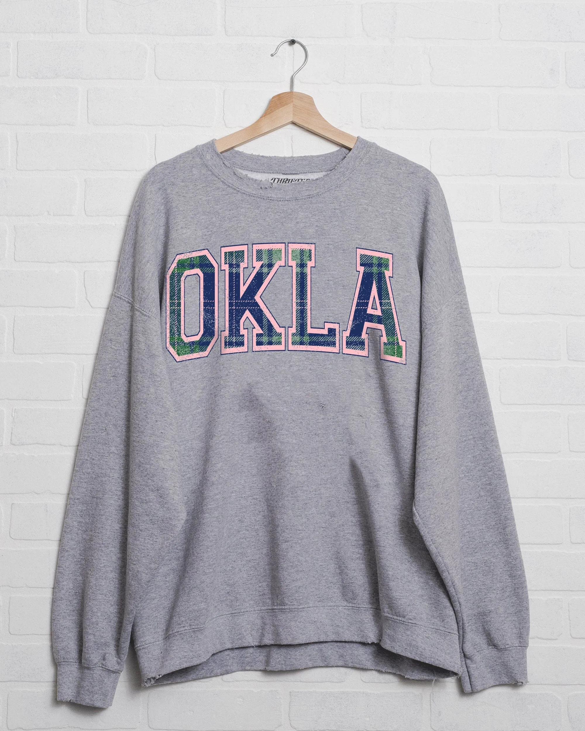 OKLA Plaid Arch (Pink Outline) Gray Thrifted Sweatshirt (FINAL SALE)