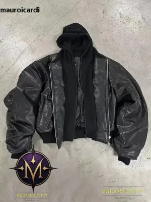 Oversized Cool Black Thickened Warm Pu Leather Bomber Jacket Men Hood Luxury Designer Fake 2 Clothes
