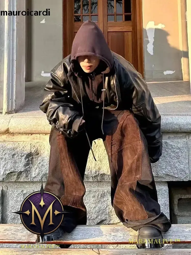 Oversized Cool Black Thickened Warm Pu Leather Bomber Jacket Men Hood Luxury Designer Fake 2 Clothes