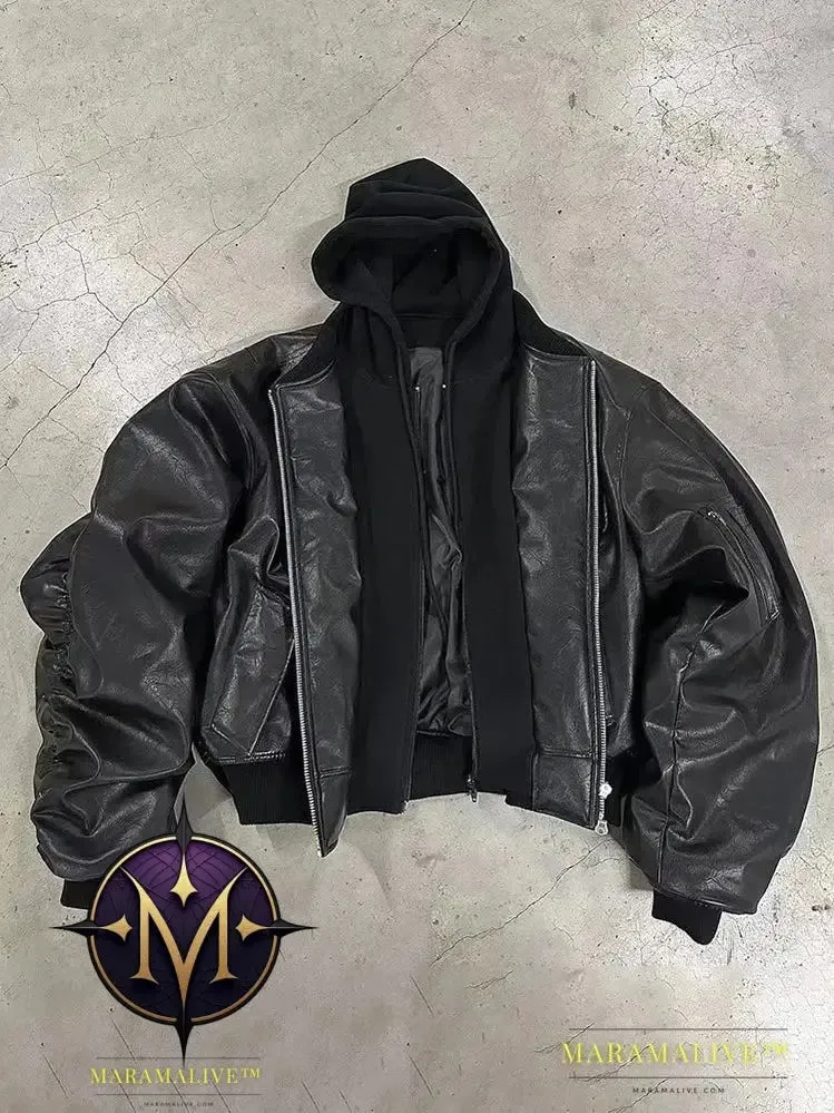 Oversized Cool Black Thickened Warm Pu Leather Bomber Jacket Men Hood Luxury Designer Fake 2 Clothes