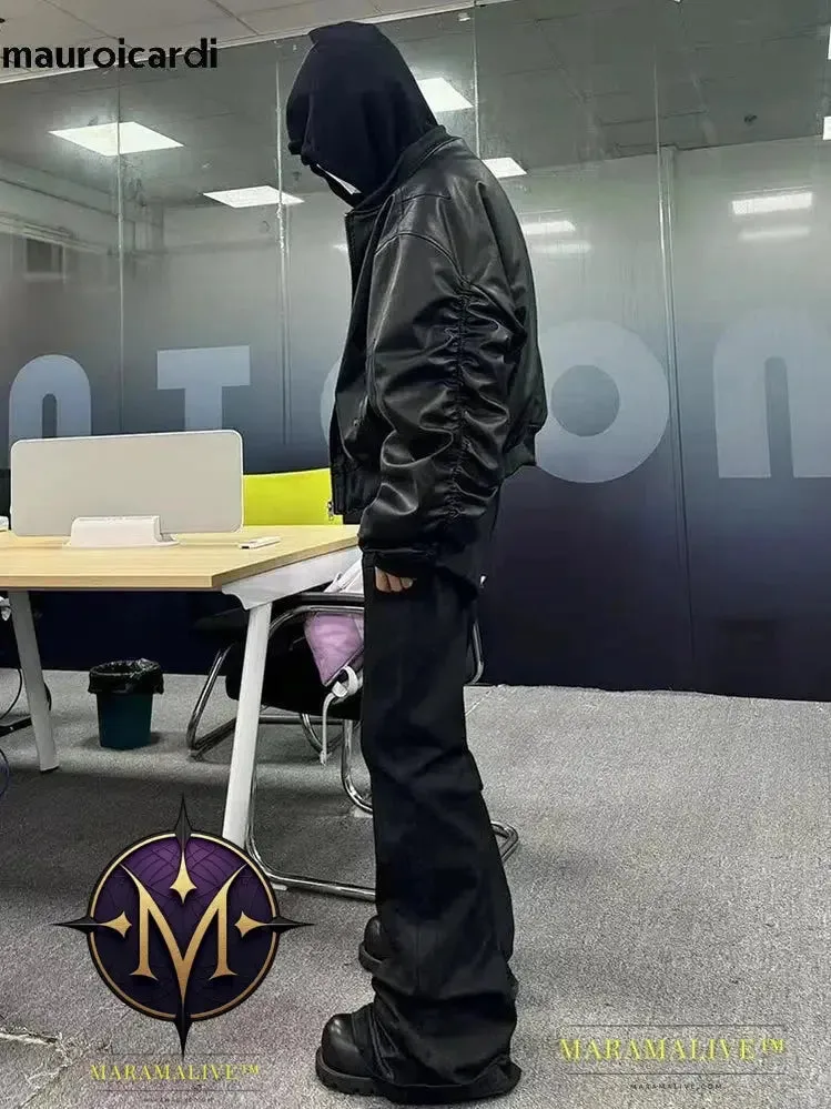 Oversized Cool Black Thickened Warm Pu Leather Bomber Jacket Men Hood Luxury Designer Fake 2 Clothes