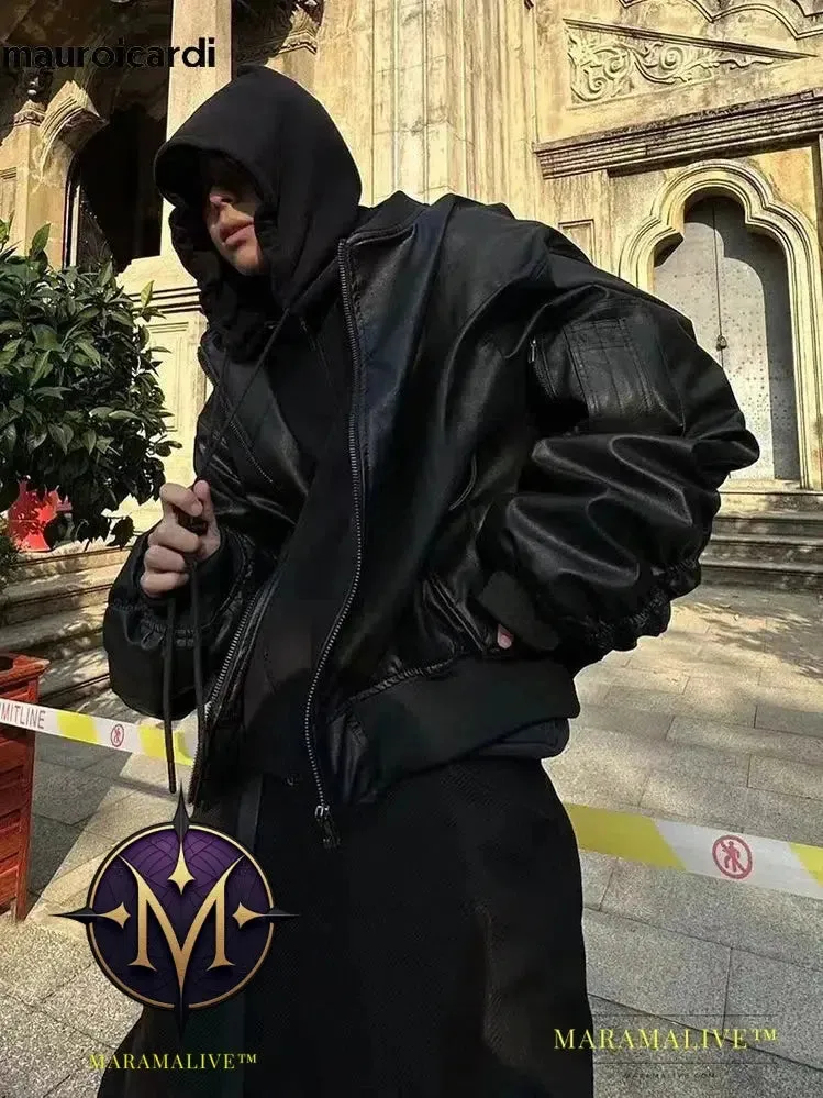 Oversized Cool Black Thickened Warm Pu Leather Bomber Jacket Men Hood Luxury Designer Fake 2 Clothes